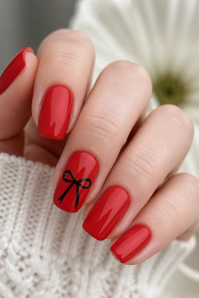 Four nails are glossy red. One nail is glossy red with a black bow centered - two curved loops and a small knot - and a tiny white highlight line inside each loop.