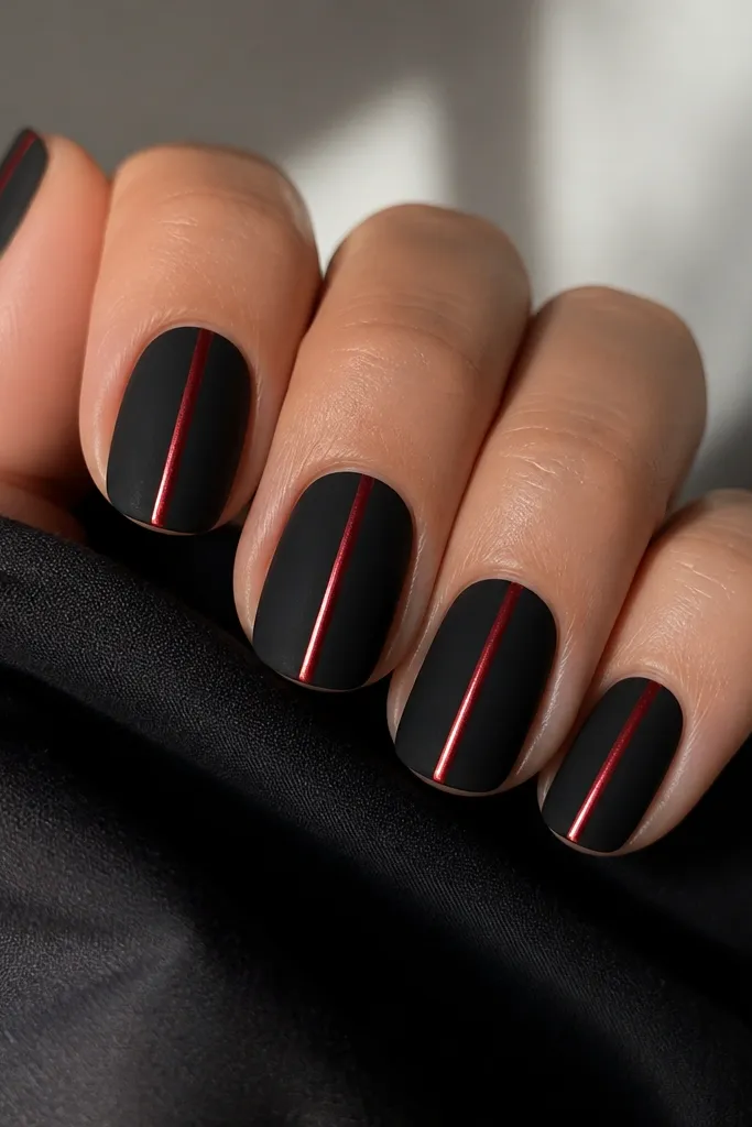 All nails are matte black. A single thin chrome stripe in red runs vertically down the center of each nail, catching light like foil.