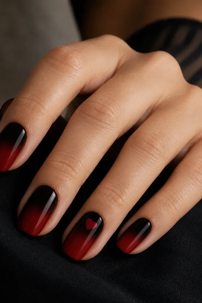 Nails have a red base on the lower half and a smoky black fade on the upper half. A small red heart sits centered over the black smoke on the ring finger.