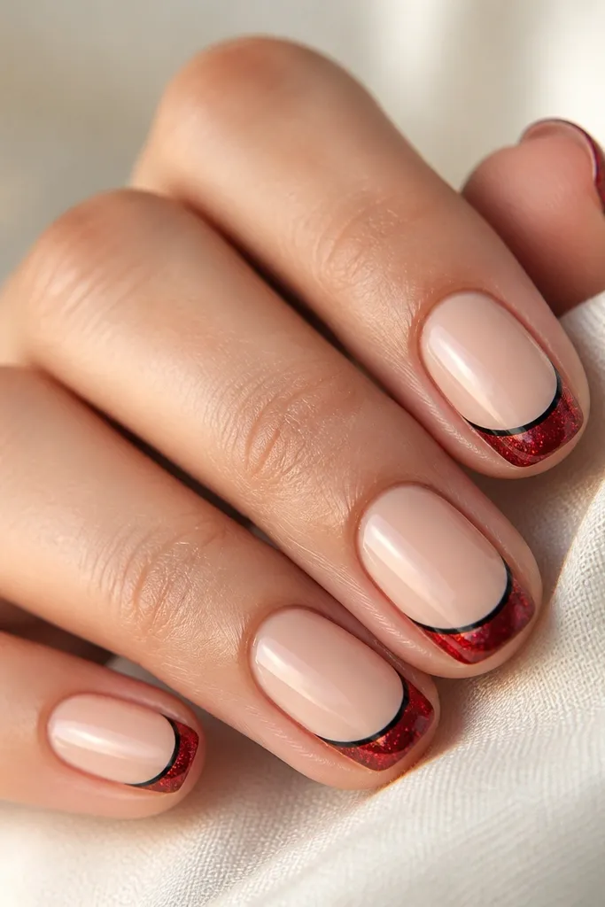 A nude base with a red glitter French tip. The glitter tip is outlined with a thin black line, and the outline stops before the sidewalls.
