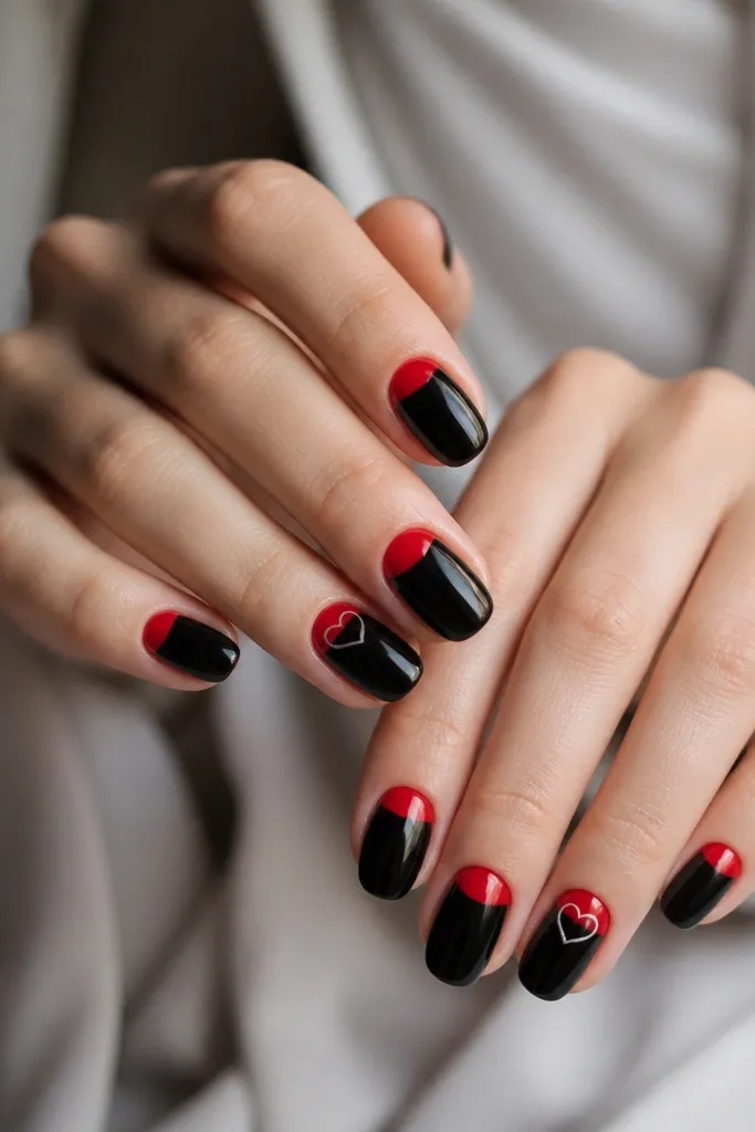 Reverse French nails show a black base with a red band near the cuticle. On two nails, a tiny heart shape is left clear or outlined in white where the red meets black.