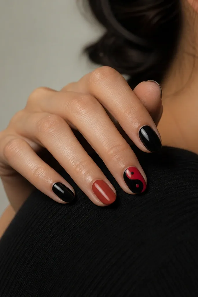 One nail has a yin yang symbol: red and black half circles with two tiny dots. The other nails are solid black or solid red, alternating.