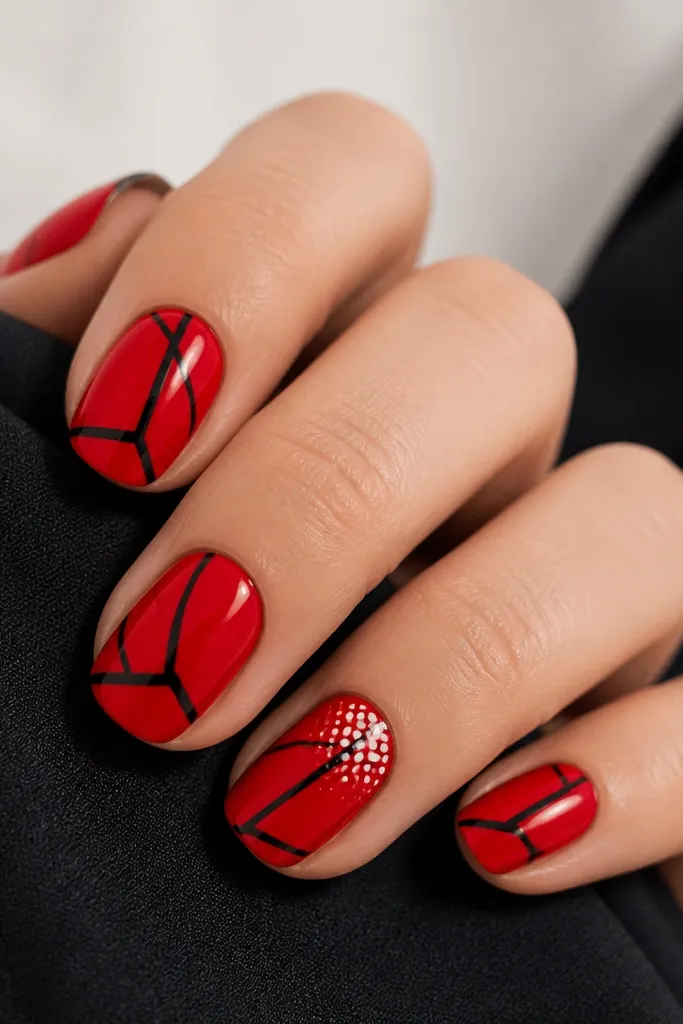 A glossy red base is covered with uneven black lines that look like comic panel strokes. Each line is slightly thick, and the ring finger has a tiny white burst dot pattern.