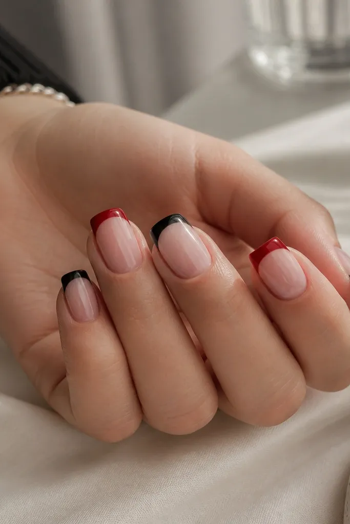 Short squoval nails with a sheer nude base. The tips are split into alternating red and black stripes using tape, and a glossy finish makes the stripes look sealed.