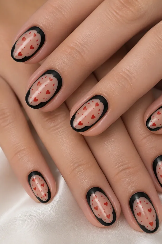 Black negative space shapes create a frame on each nail. Inside the frame, red hearts and tiny red dots look like confetti over a sheer nude base.