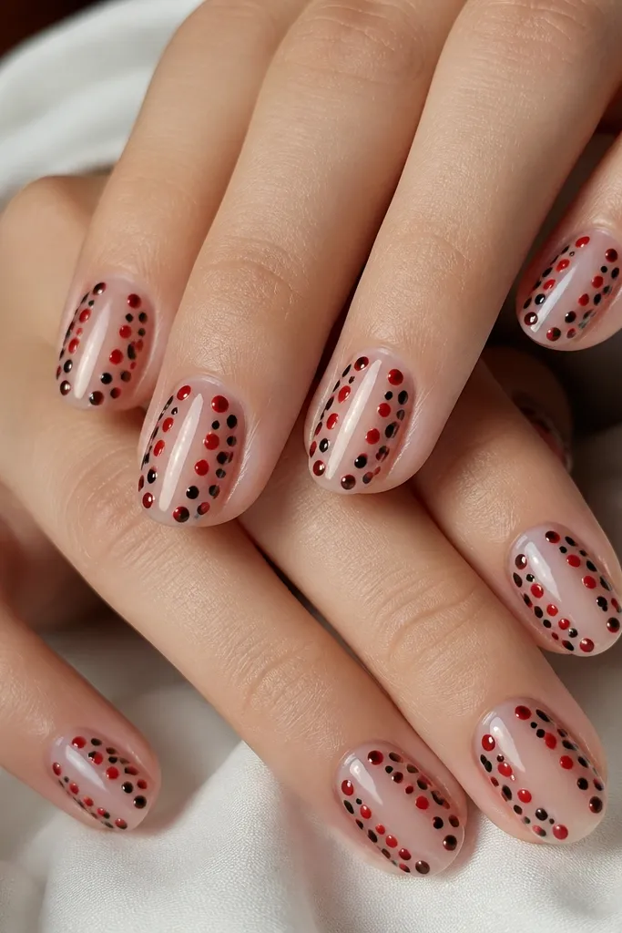 Nails have a clear center strip left bare. Red and black dots are scattered on the left and right sides only, with glossy top coat making the dots look raised but smooth.