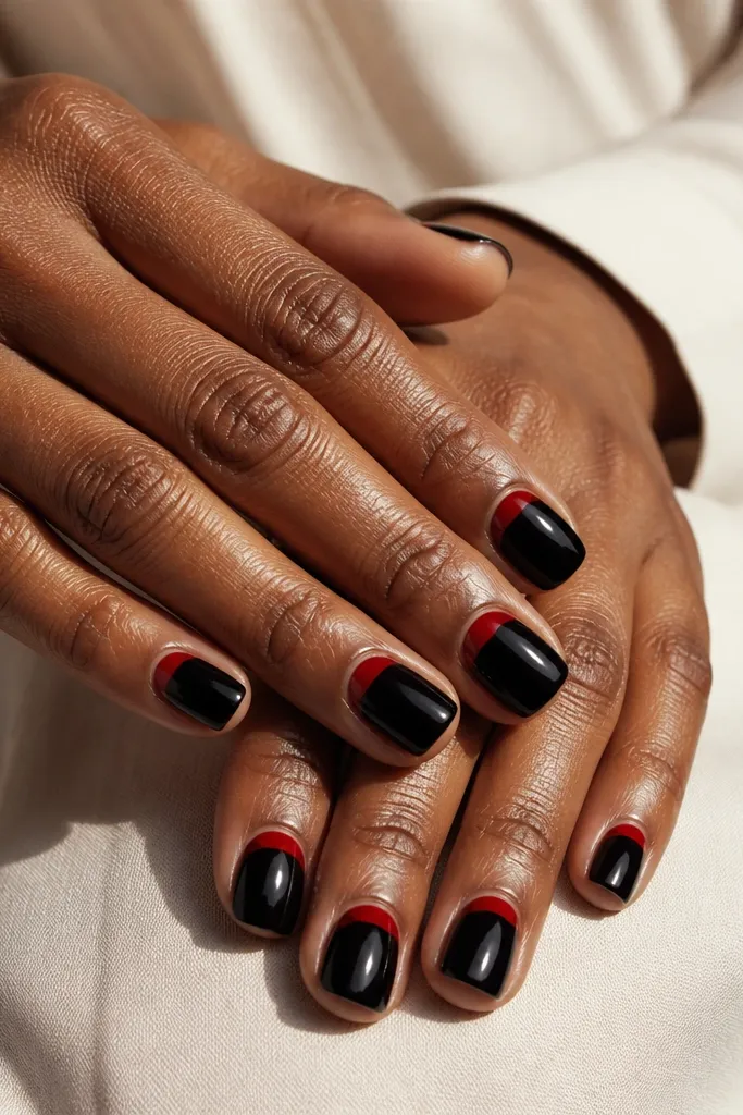 Hands with short square nails. Each nail has a glossy black base. The cuticle area is painted red as a smooth half-moon shape. The red is clean and centered, with no smudging. Topcoat shines uniformly across all nails.