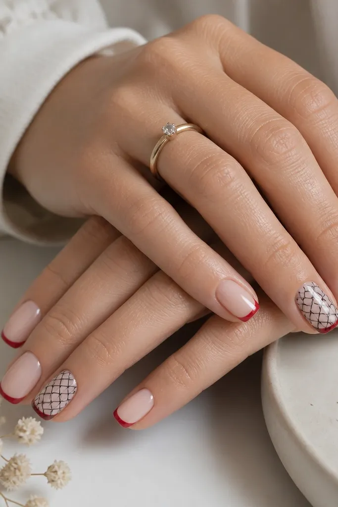 Neutral base nails with glossy red French tips. On the ring fingers, there is a black stamped pattern over the white-ish base area, like a tiny lattice or flower stamp. The red tips are thin and even, centered on each nail.
