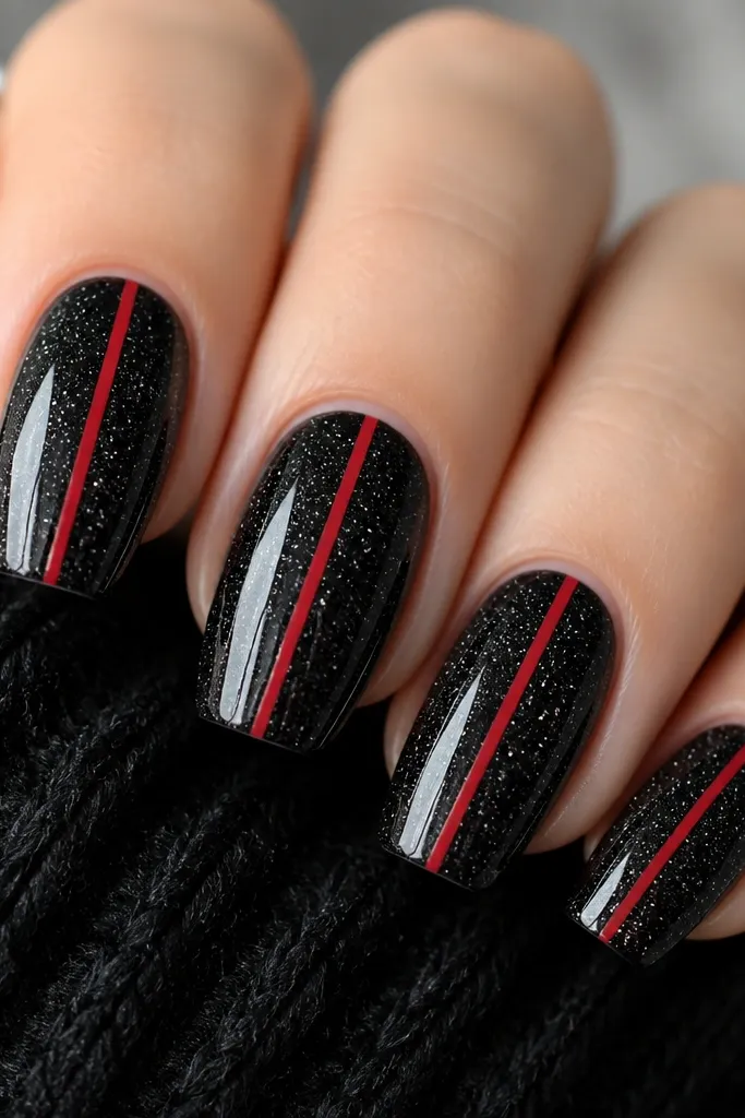 Nails with a deep black glitter layer covering the full nail. A single thin red stripe runs vertically down the center of each nail, perfectly straight. The glitter sparkles under a glossy topcoat; no other decorations appear.