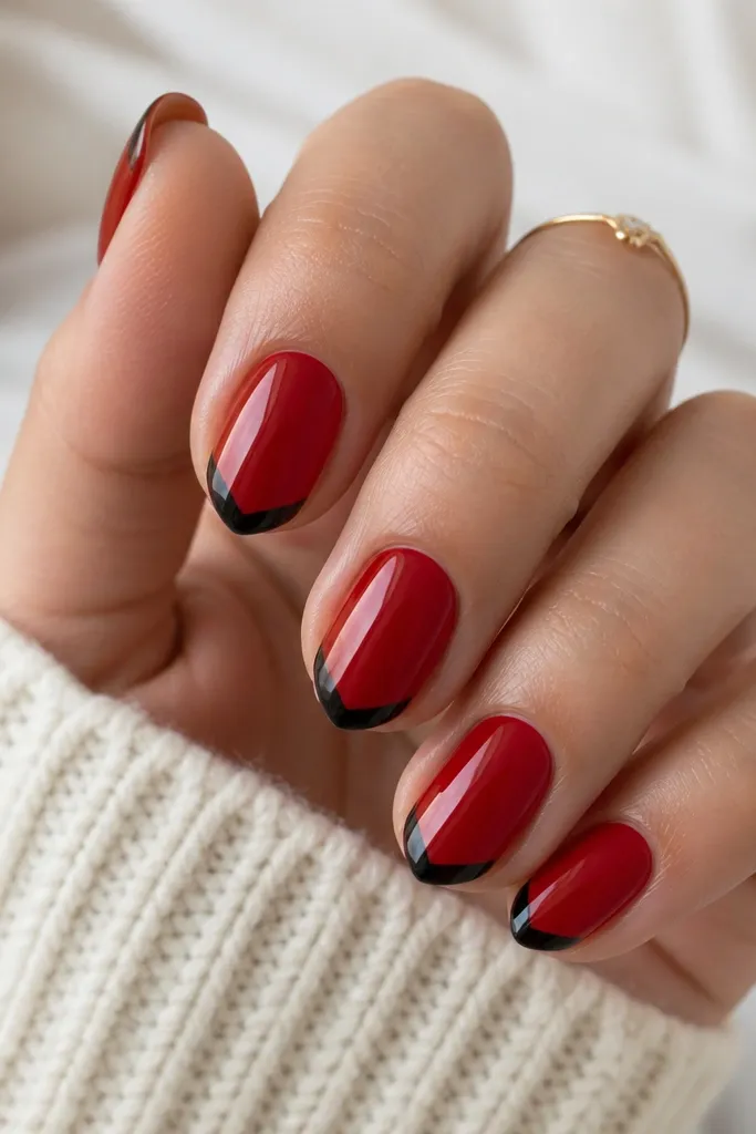 Glossy red nails with a black V-shaped tip at the free edge. The V is centered, with two angled lines that meet at the nail's center point. The rest of the nail stays solid red with high shine.