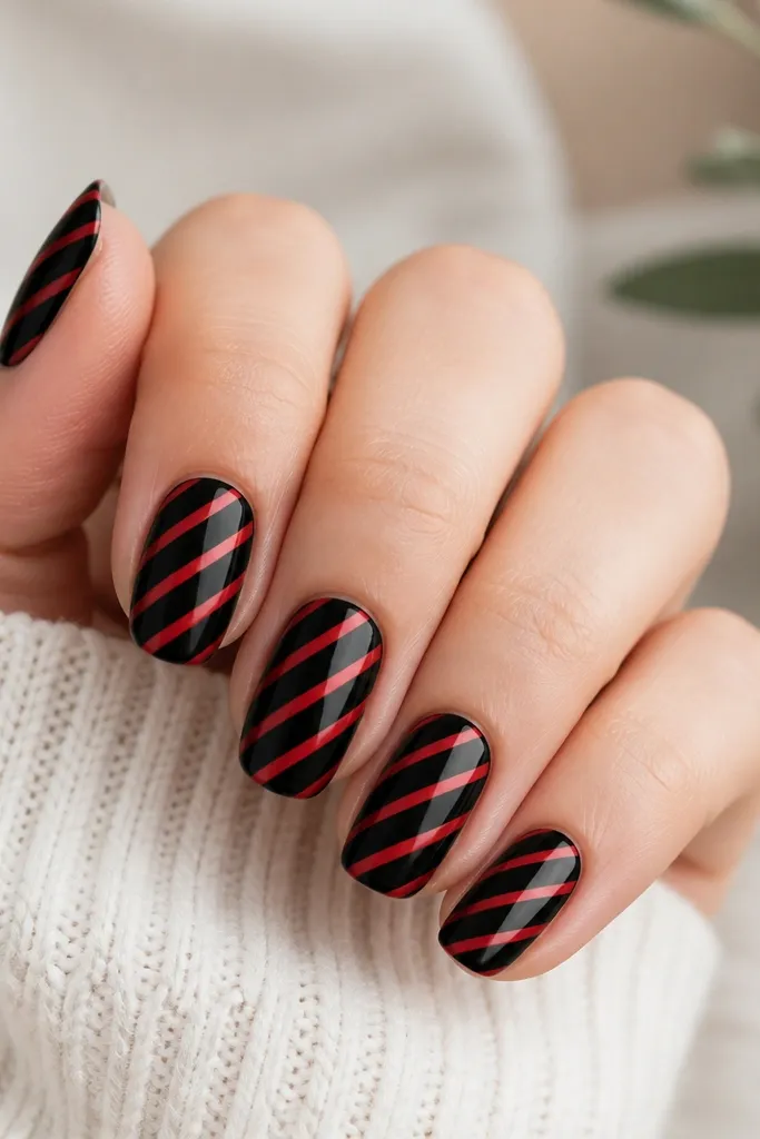 Nails painted glossy black with diagonal red lines crossing from lower left to upper right. The red lines are separated by black gaps, creating a striped diagonal pattern. Each nail has the same direction and spacing.