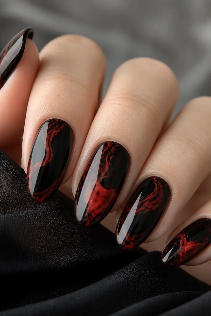 Deep black nails with red marble swirls that look like thin smoke lines. The swirls are random but balanced, with a few thicker red streaks and many thin ones. The finish is glossy and smooth.