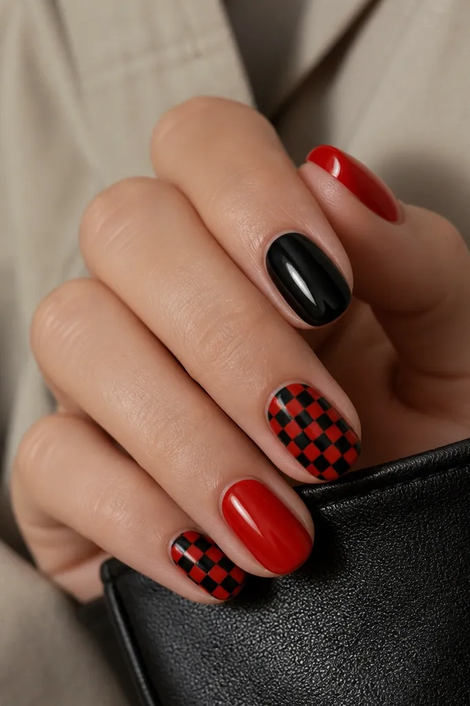 Most nails are glossy red or glossy black solid blocks. On two nails, there is a checkerboard pattern with alternating tiny squares of red and black. The squares are consistent in size, with crisp edges.