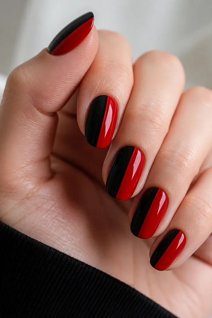 Nails split vertically down the center. One side is solid glossy black, the other side is glossy red. A thin red outline border traces the line where the colors meet, so the split looks framed.