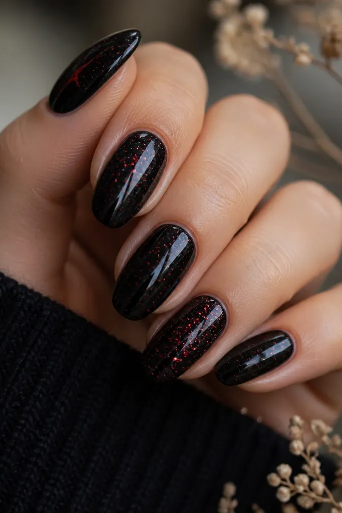 Deep black nails with scattered tiny red dots and a few small red streaks. The dots vary in size like stars, with two accent nails showing slightly denser speckling. Everything is glossy and smooth.