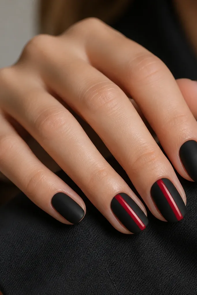 Nails have a matte black finish across most fingers. On two nails, there is a glossy red vertical stripe down the center that looks shiny against the matte. The rest of the nails are evenly matte.