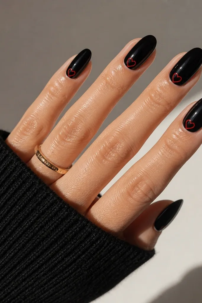 Black nails with small red outline hearts placed near the cuticle area on each finger. The hearts are drawn with thin lines, not filled in. The nails are glossy, and the heart lines are crisp.
