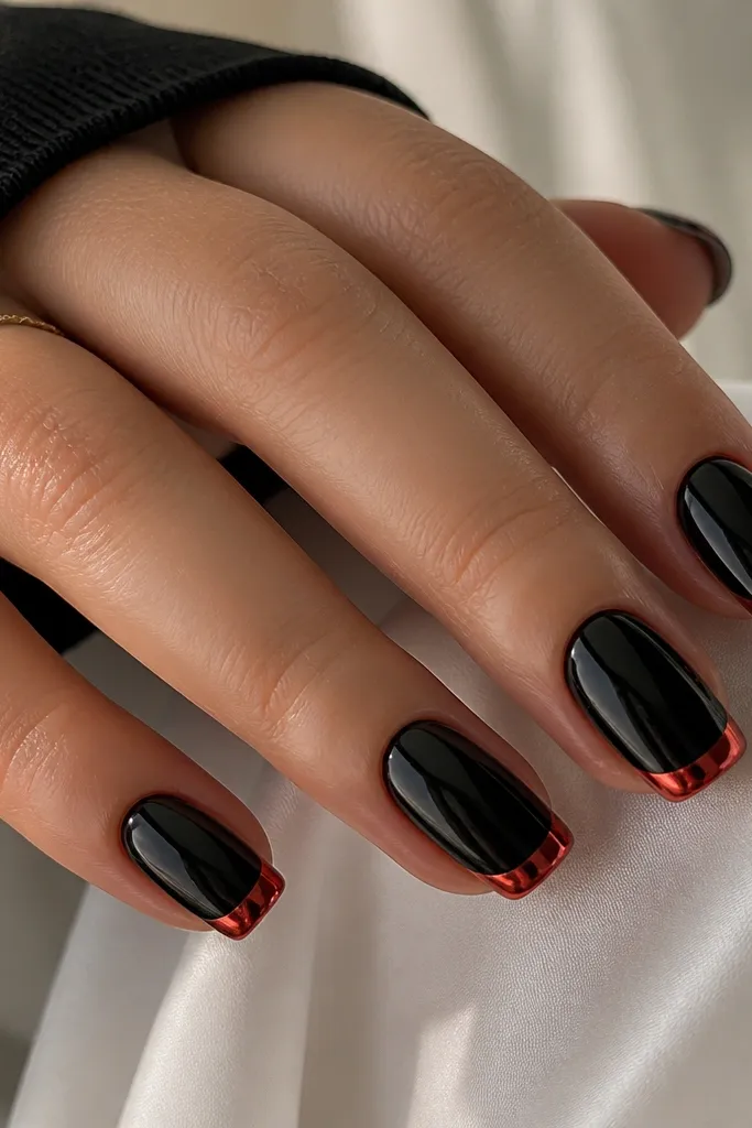 Black nails with a glossy black base. The free edges are coated in a red chrome powder or polish that flashes metallic red. The chrome is shaped like a French tip, with a clean line. The rest of the nail is glossy black.