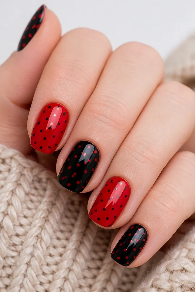 Alternating nails: some are glossy red with tiny black polka dots scattered evenly. Other nails are glossy black with tiny red polka dots. The dots are small and consistent, and the nails have a uniform shine.