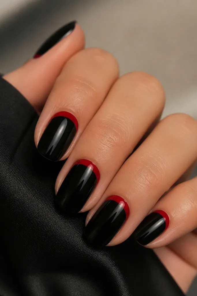 Nails have a glossy black base. At the top near the cuticle, there is a red reverse French arc that curves along the cuticle line. The red is smooth and centered, with a clean curve on each nail.