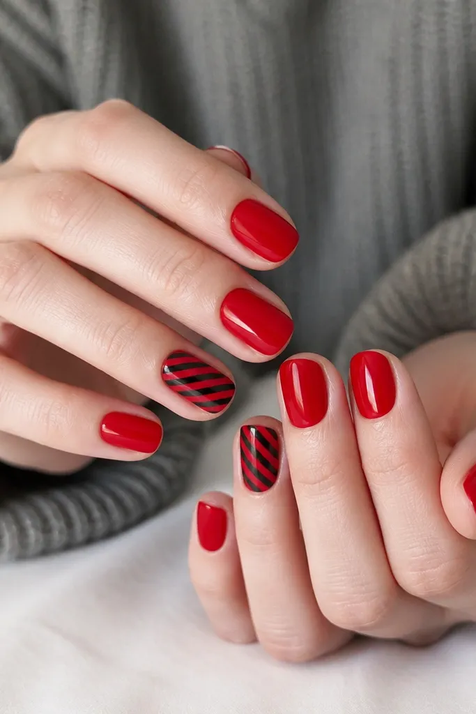 Most nails are solid glossy red. On one nail per hand, there is a wrap-around tape style pattern with alternating thin black and red stripes running diagonally across the nail. The stripes are straight and evenly spaced.
