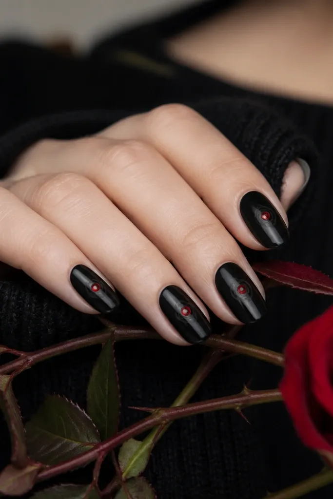 Nails painted glossy black. On each nail near the center, there is a tiny red dot surrounded by a few thin black petals or petal-like lines, creating a rosebud illusion. The red dot sits perfectly in the middle of the petal lines.