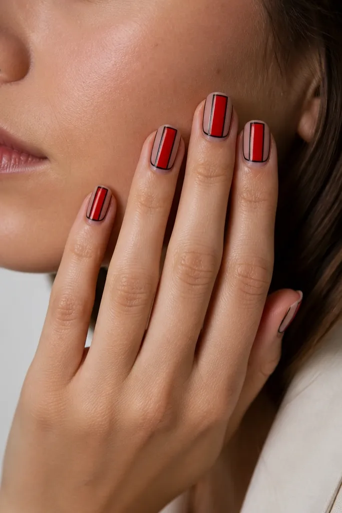 Nails have a red center panel, with thin black frame lines outlining the panel on each side. The rest of the nail is either clear or a sheer base. The black lines are straight and crisp, like a small picture frame.