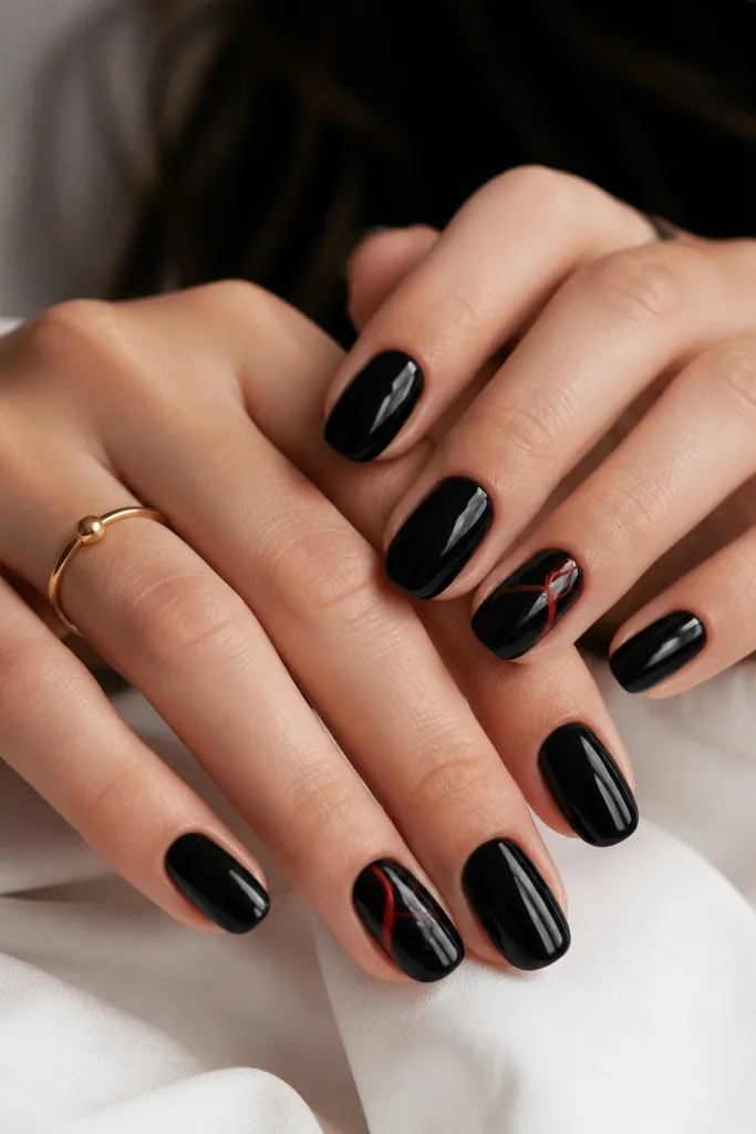 Most nails are solid glossy black. On one accent nail per hand, there is a side swirl: a red curved line sweeping from the lower side to the upper side, with a small black counter-swoop. The swirl is thin and glossy.