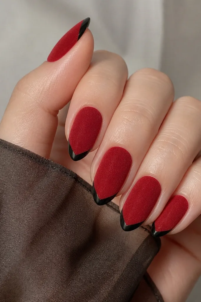 Nails have a soft, velvety red finish (not glossy). At the tip, there is a black V shape like a sharp underline. The velvet texture looks fuzzy under light, and the V edges are crisp.