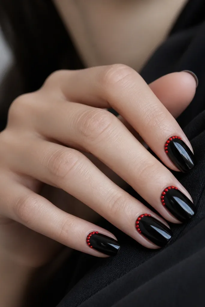 Nails are glossy black. Along the cuticle line, small red stud-like dots are placed in a curved row on each nail. The studs look like tiny beads, evenly spaced. Everything else stays plain black and shiny.