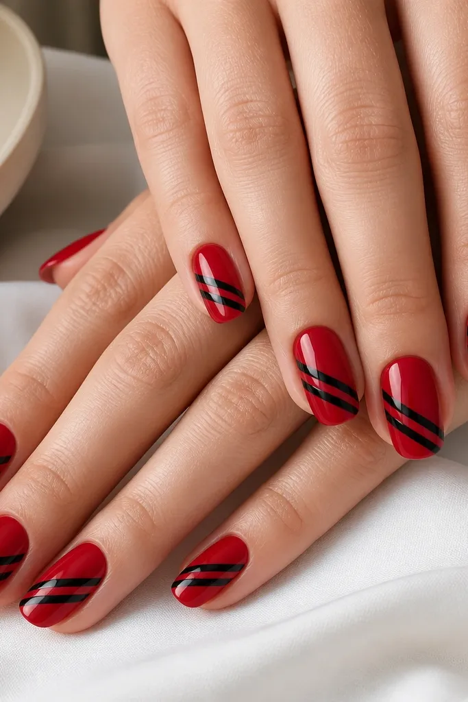 Nails are mostly glossy red with two black diagonal strips wrapping across each nail. The strips are narrow and parallel, leaving red gaps between them. The lines are straight and glossy with a clean finish.
