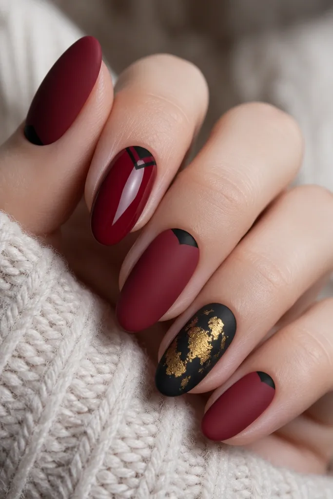 Five nails: thumb, middle, and pinky are deep crimson with a matte finish and a tiny black half-moon at the cuticle. Index finger is glossy crimson with a thin matte black V near the tip. Ring finger has matte black base with irregular gold foil patches over the center.