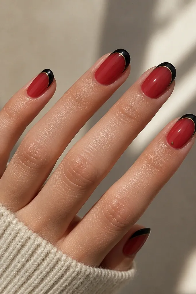 Nails are sheer red jelly with visible nail bed. Tips are glossy black French, thin and precise. Each nail has one hairline micro gold line running along the inner edge of the black tip, plus a small gold dot at the corner on the ring finger.