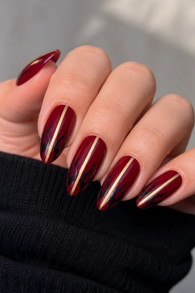 Each nail has a deep crimson base. Both side walls show black flame shapes that flare toward the middle. A single vertical gold chrome stripe runs down the center of each nail, ending just shy of the tip.