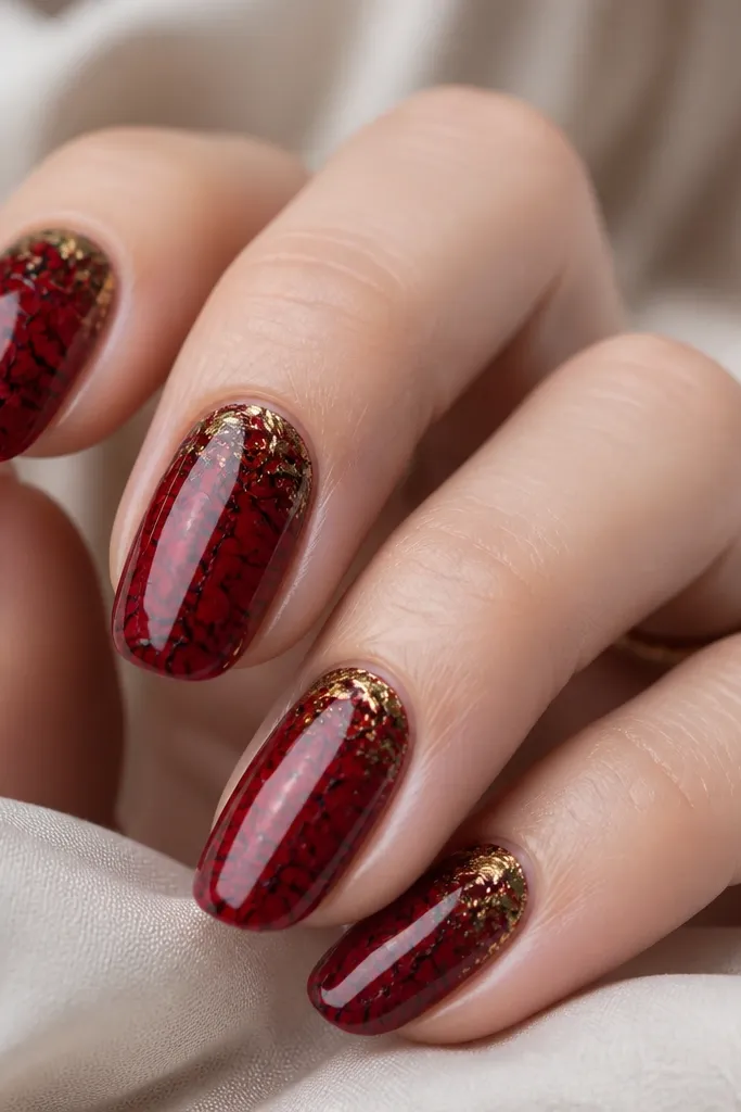 Nails have glossy crimson. A black crackle pattern overlays most of the nail, forming spiderweb lines. The corners near the cuticle and sidewalls have small gold leaf pieces.