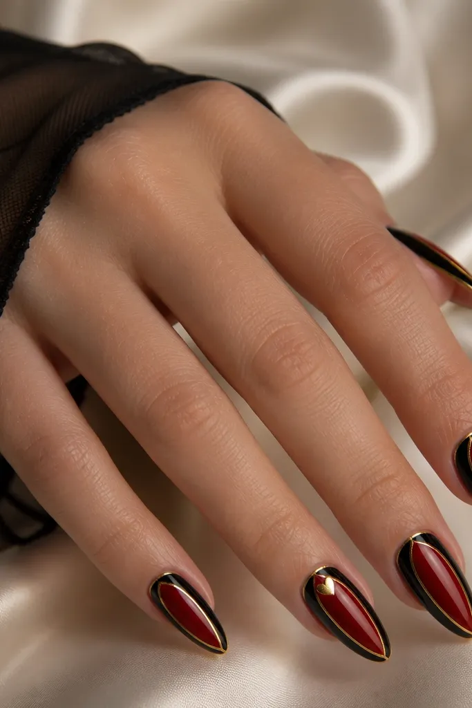 Almond nails have glossy black sidewalls on both edges. The center is deep red, glossy and smooth. A thin gold outline traces the outer perimeter, and the ring finger has a tiny gold heart near the cuticle.