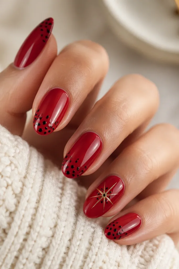 Glossy crimson nails with a cluster of small black dots near the tip on most nails. The ring finger has a gold starburst made from tiny lines radiating from the center, with two black dots beside it.