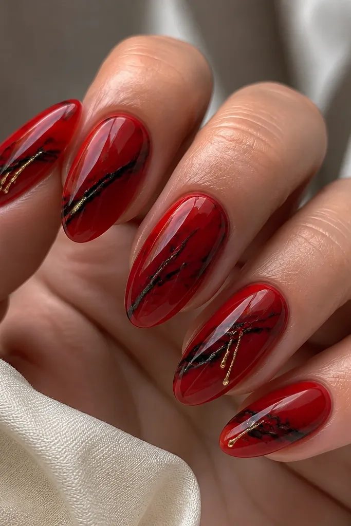 Sheer red jelly nails with black marble veins that look like liquid stone. The veins move diagonally across each nail. On the thumb and ring finger, tiny gold micro drips trail down from a vein crossing.