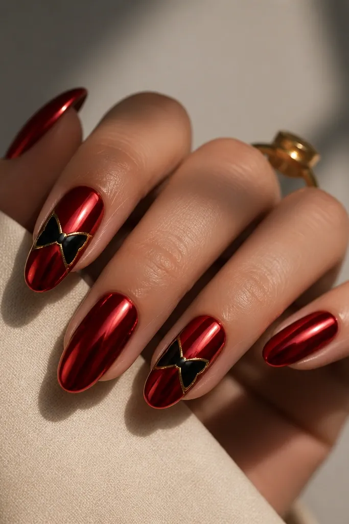 Nails are red chrome, mirror-like. On the index and ring nails there is a black bow tie shape near the center. A thin gold outline follows the bow edges and also frames the sides of those nails.