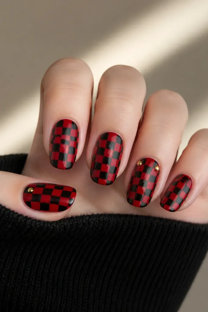 Each nail has a checkerboard pattern alternating black and red squares, with crisp grid lines. The ring finger includes two small gold gem stones at the top corners. The thumb has one gold gem at the upper corner.