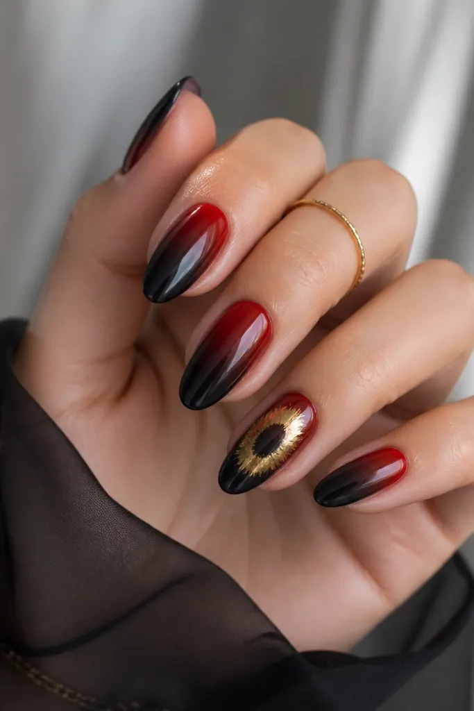 Nails start deep red near the cuticle and fade into black at the tips. The ring finger has a gold foil halo around the center, like a light ring.