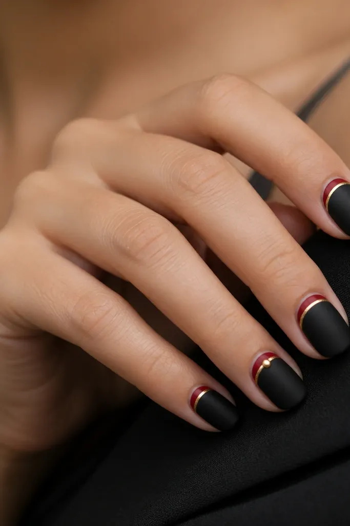 Nails are matte black. A thin red stripe sits just above the cuticle on each nail, like a crescent. Over that stripe is a hairline gold line. The ring finger has a tiny gold dot at the center of the stripe.