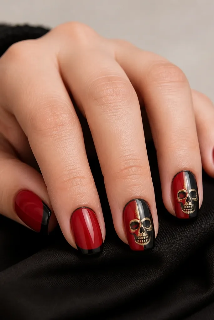 Index and ring nails show a stylized skull face split red and black, with red on one side and black on the other. Gold paint forms a nose bridge line in the center. Other nails are solid red with a thin black border near the tip.