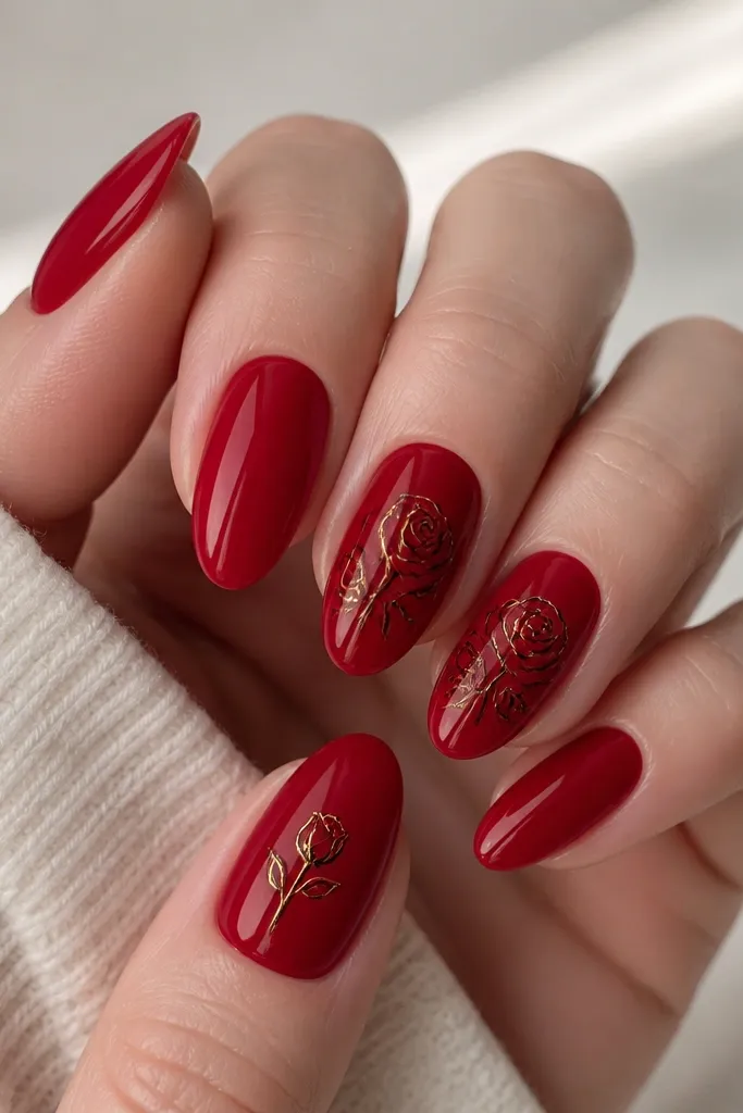 Each nail is glossy crimson. On the ring and middle nails there are black outline roses drawn with thin lines. Gold paint touches the rose petals as small highlights, and the thumb has a single gold rose bud.
