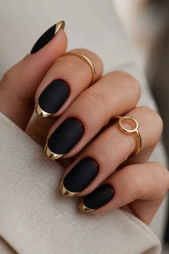 Nails have matte black coverage. Near the tip there is a sharp gold chrome half-moon. Beneath the black at the very base, a thin hint of red underlayer shows like a crescent.