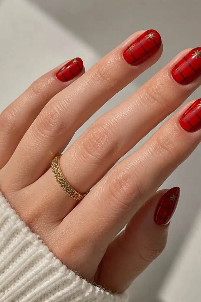 Nails are glossy red. Thin black lines form a grid pattern across each nail. At the top corners, there are small gold spark shapes like tiny starbursts.