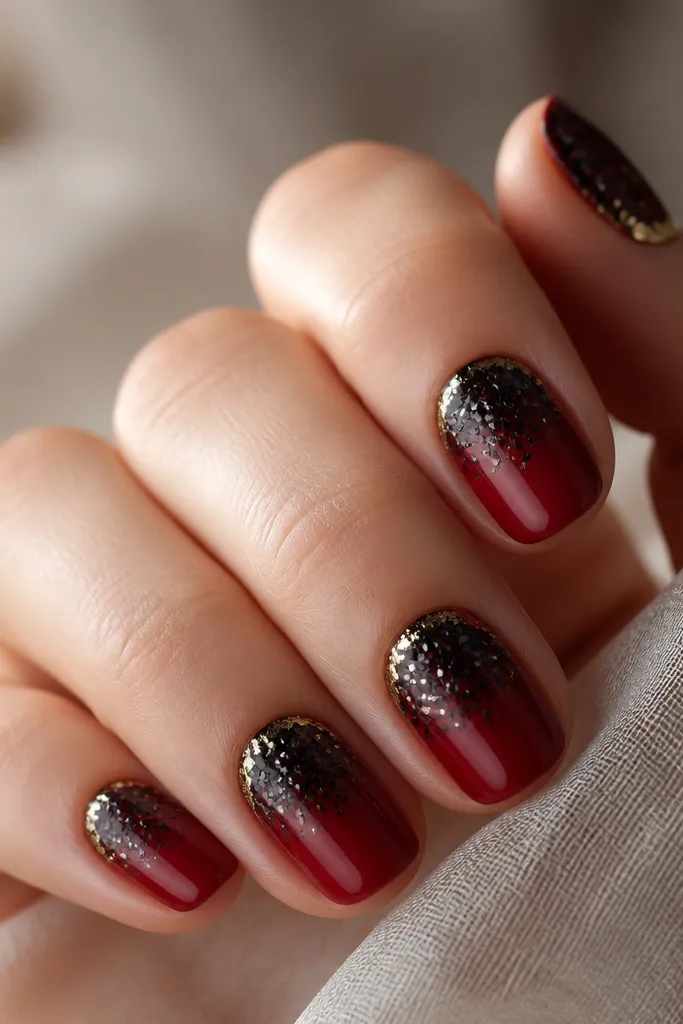 Nails have a deep red base. Over the top half of the nail there is black crystal glitter. Around the cuticle, there is a gold halo ring that looks like tiny flakes.