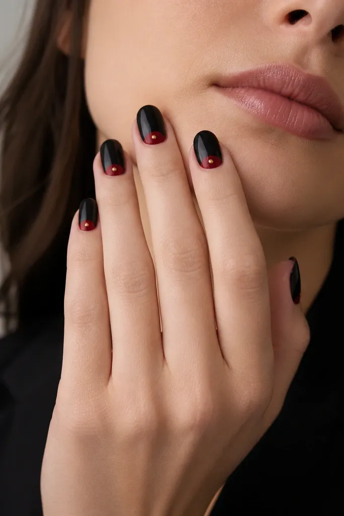Nails are glossy black at the tips, leaving a red reverse half-moon near the cuticle on each nail. Each nail has one small gold dot in the center of the red half-moon. Ring finger dot is slightly larger.