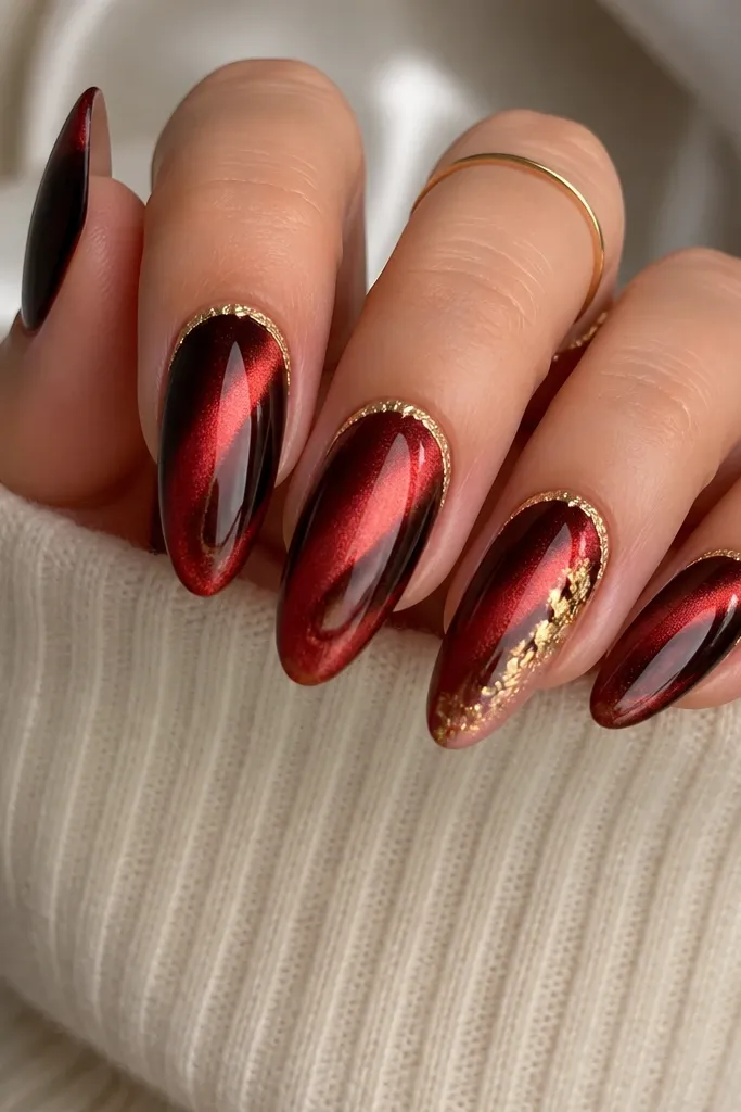 Long almond nails in a deep scarlet cat-eye polish that shifts greenish-bronze in the light, with two black shadow cutouts near the sidewalls. A thin gold leaf halo sits right at the cuticle line on every nail, and one accent nail has extra gold leaf pressed into a crescent for a party-glint finish.