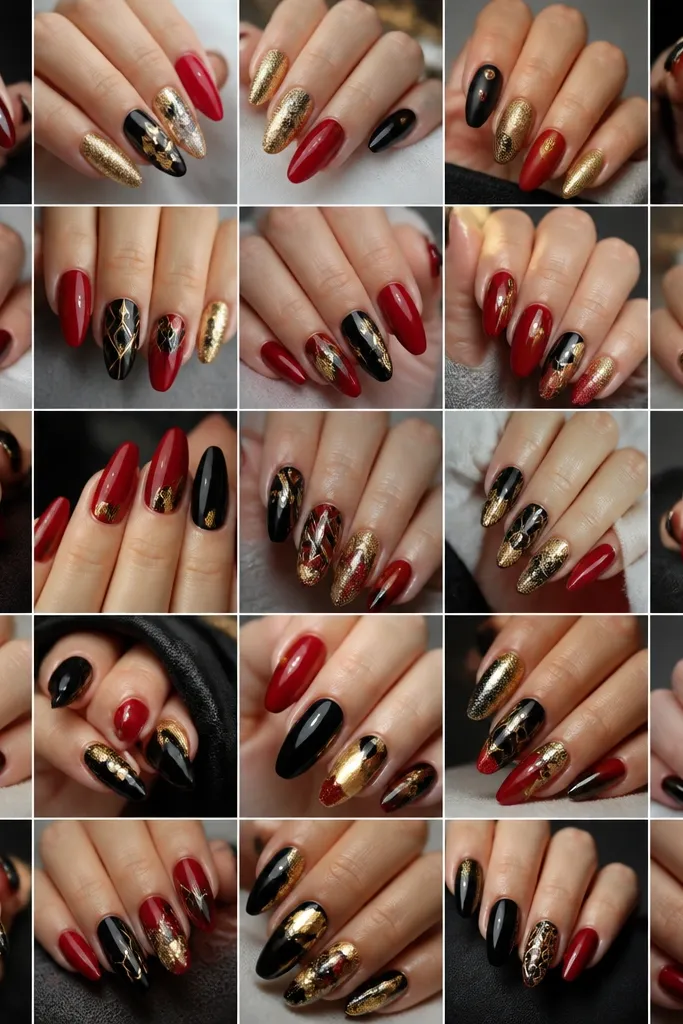 25 Red Black And Gold Nails luxe party glam